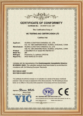 Intyg om &ouml;verensst&auml;mmelse utf&auml;rdat av VIC Testing and Certification Ltd.